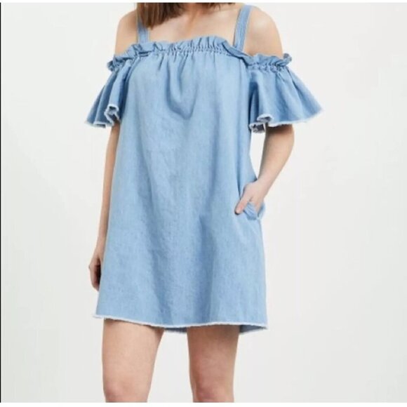 NWT , 7 For All Mankind Denim Off-Shoulder Dress WOMEN'S SIZE Small - Picture 1 of 16